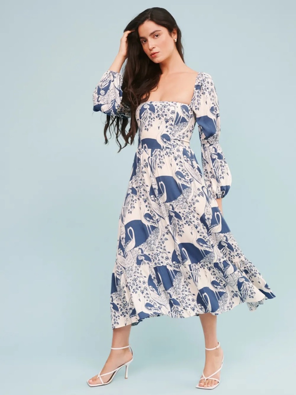 Reformation Mica Midi Dress Avian Bird Print Whimsical Blue White NWT Size 14